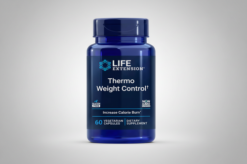 Blue supplement bottle labeled 'Thermo Weight Control' by Life Extension on a white background