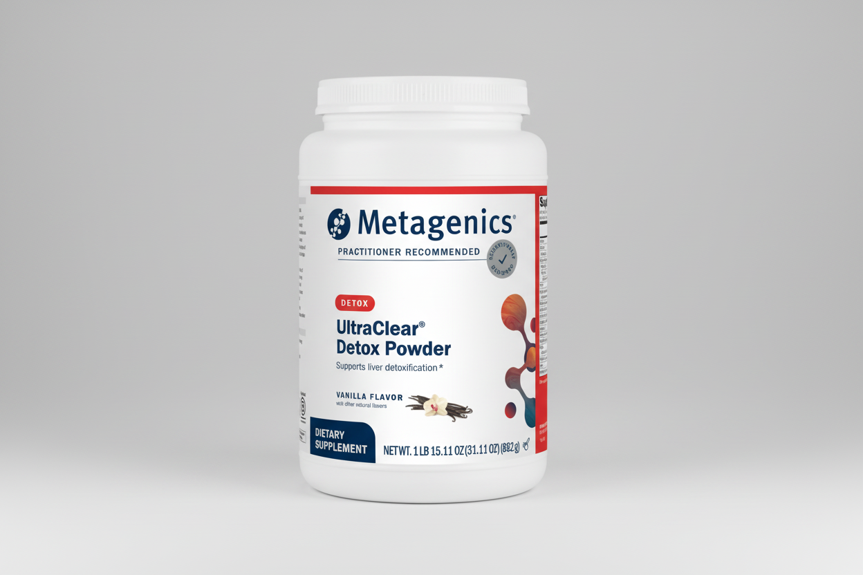 Metagenics UltraClear Detox Powder supplement container on a white background