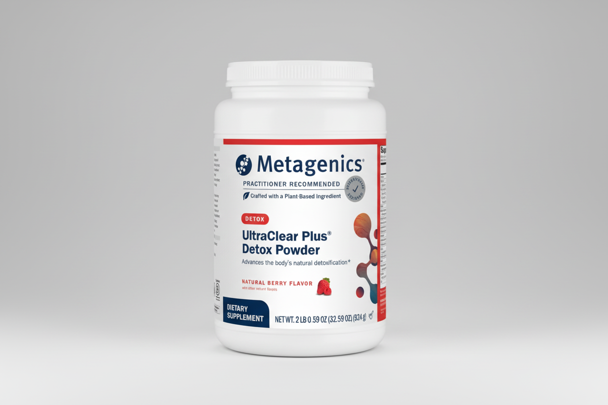 Metagenics UltraClear Plus Detox Powder container on a white background