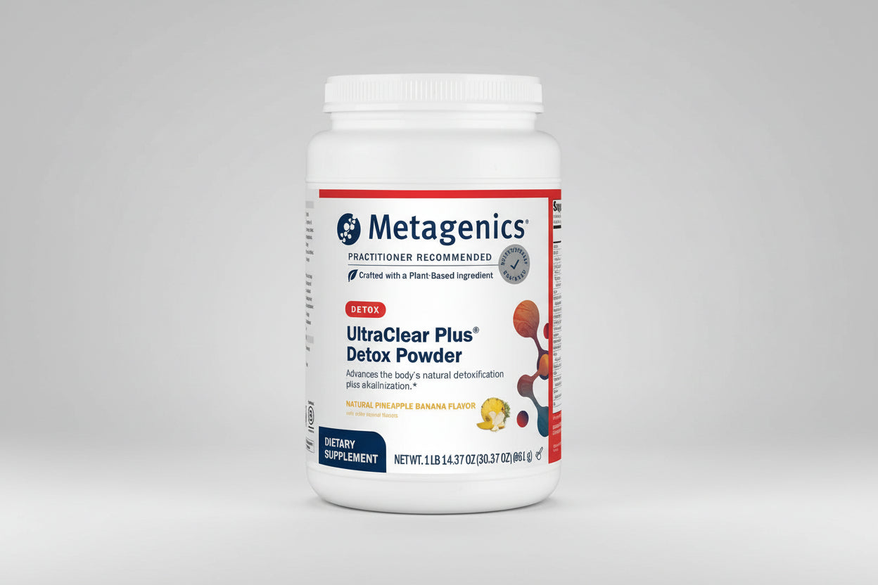 Metagenics UltraClear Plus Detox Powder container on a white background
