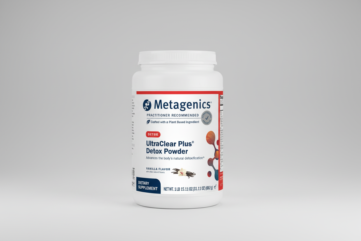 Metagenics UltraClear Plus Detox Powder container on a white background