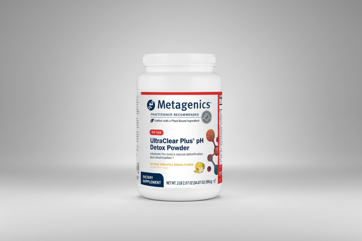 Metagenics UltraClear Plus pH Detox Powder container on a white background