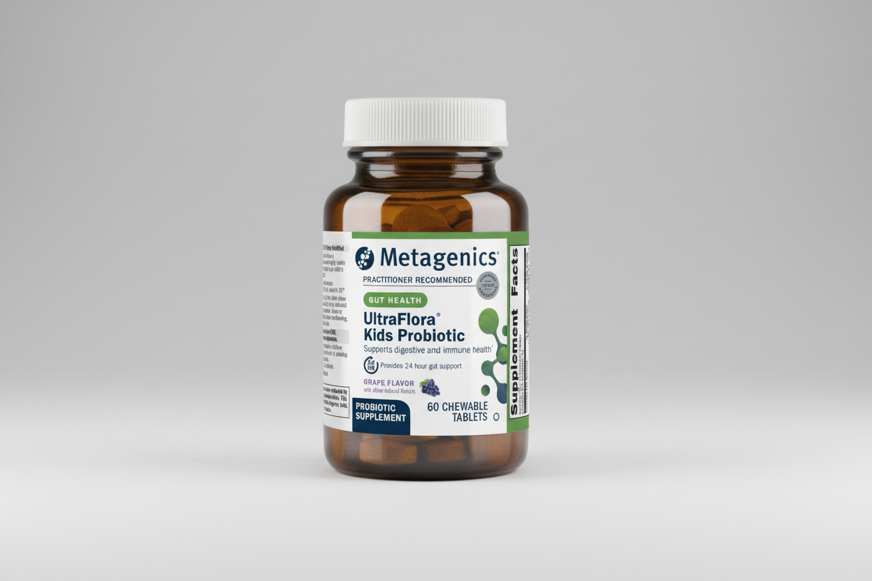 Metagenics UltraFlora Kids Probiotic bottle on a white background