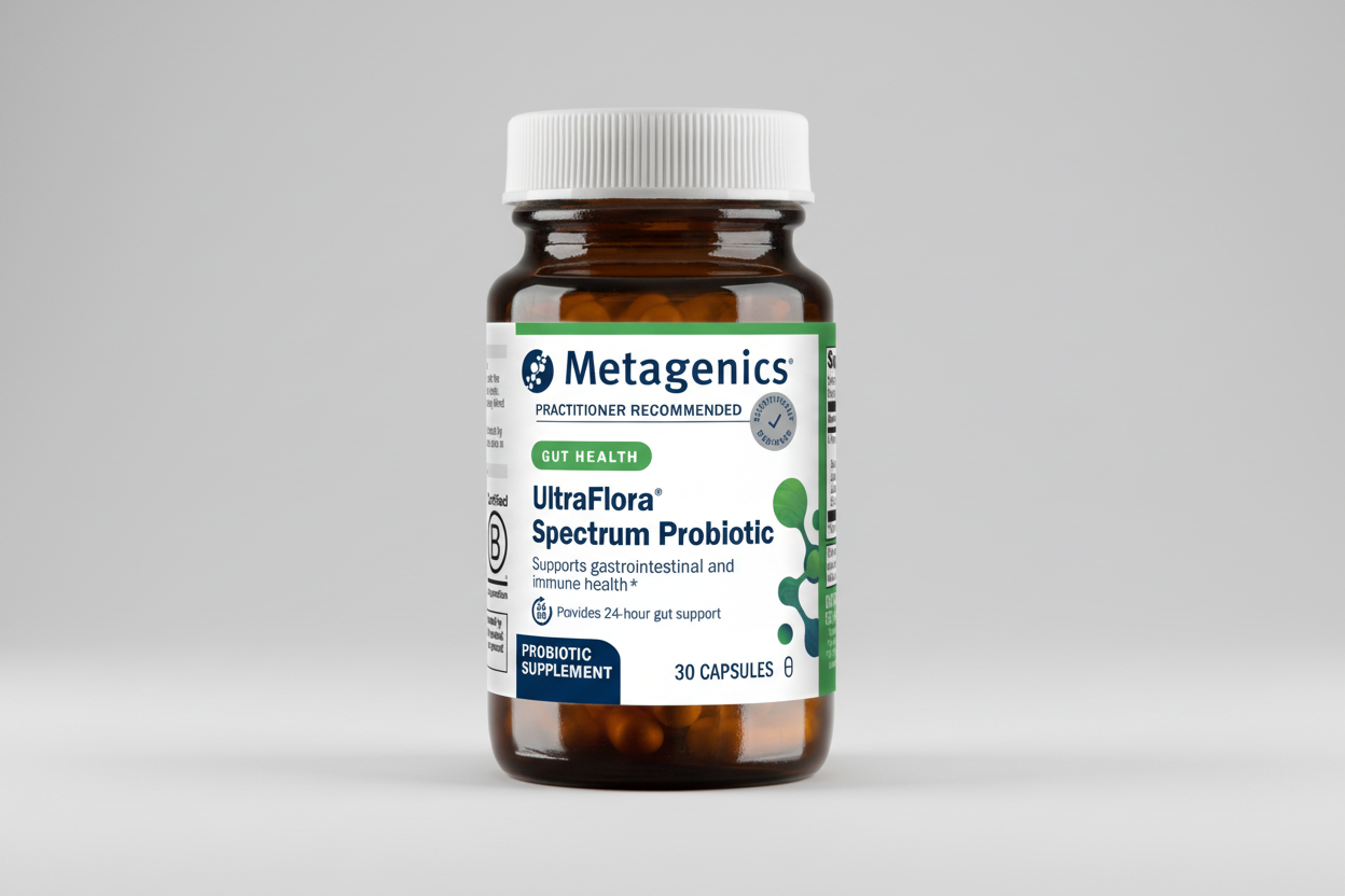 Metagenics UltraFlora Spectrum Probiotic bottle on a white background