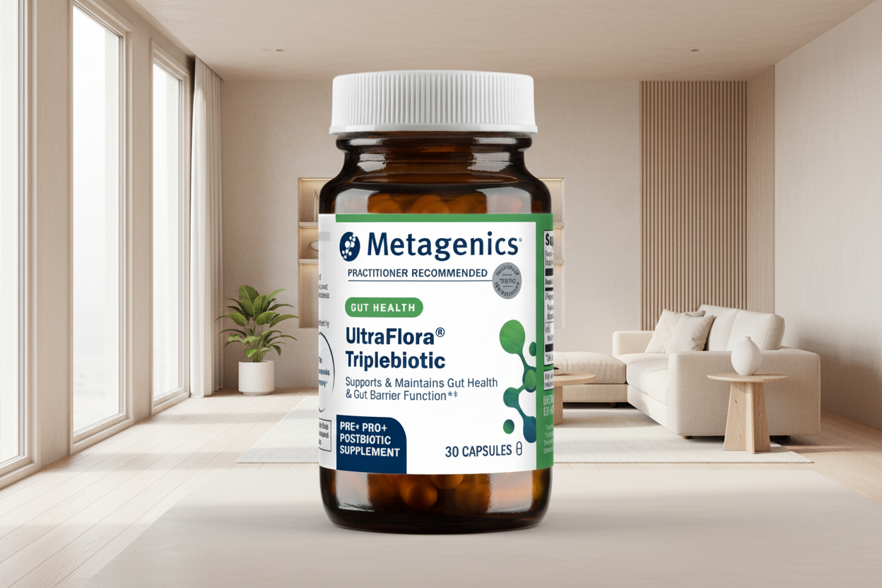 Metagenics UltraFlora Triplebiotic supplement bottle on a white background