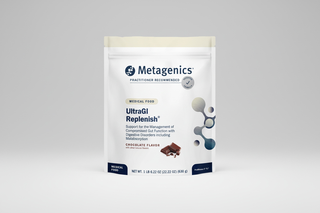 Metagenics UltraGI Replenish medical food package with chocolate flavor on a white background
