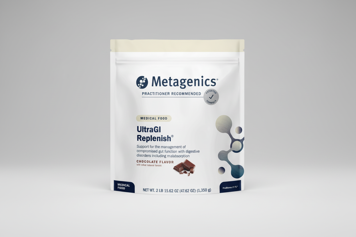 Metagenics UltraGI Replenish medical food package on a white background