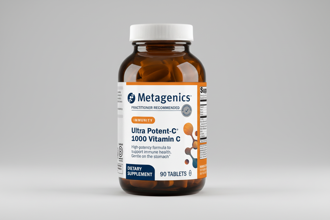 Metagenics Ultra Potent-C 1000 Vitamin C dietary supplement bottle on a white background