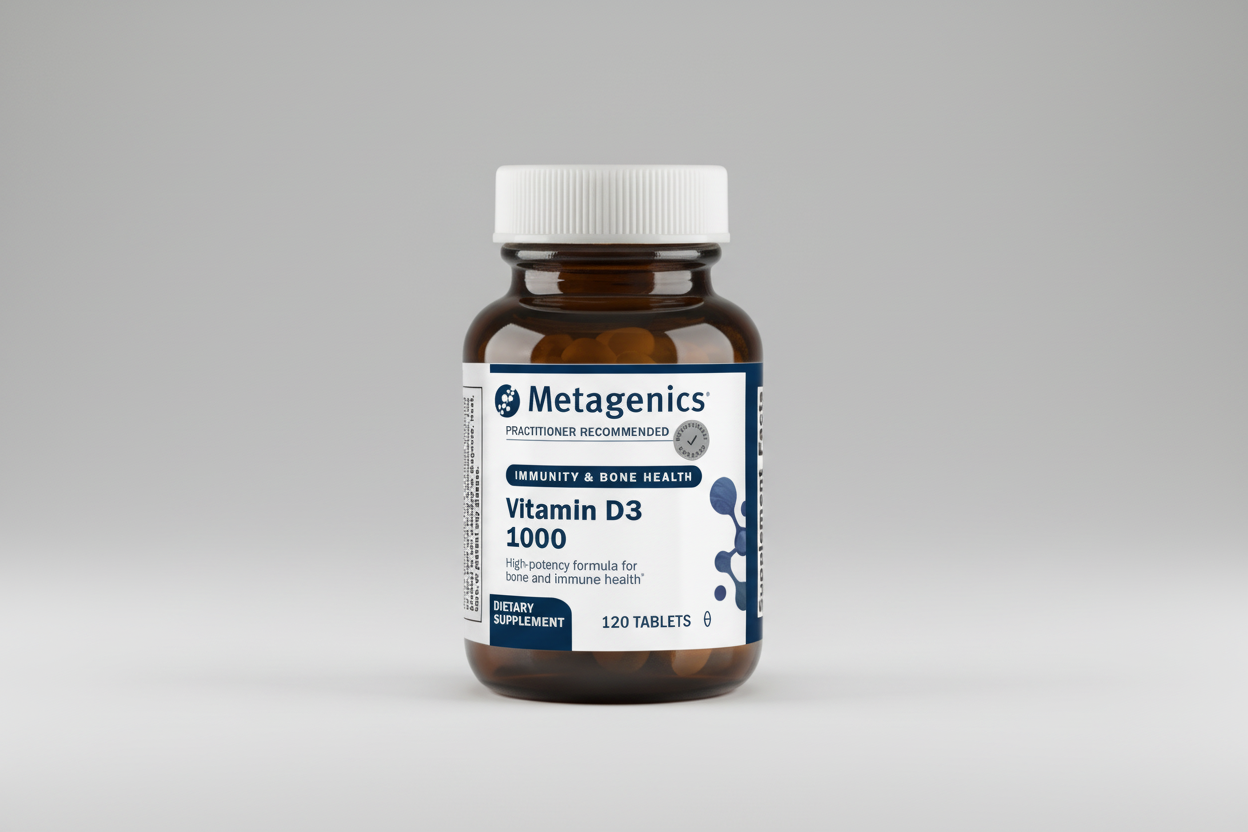 Metagenics Vitamin D3 1000 dietary supplement bottle on a white background