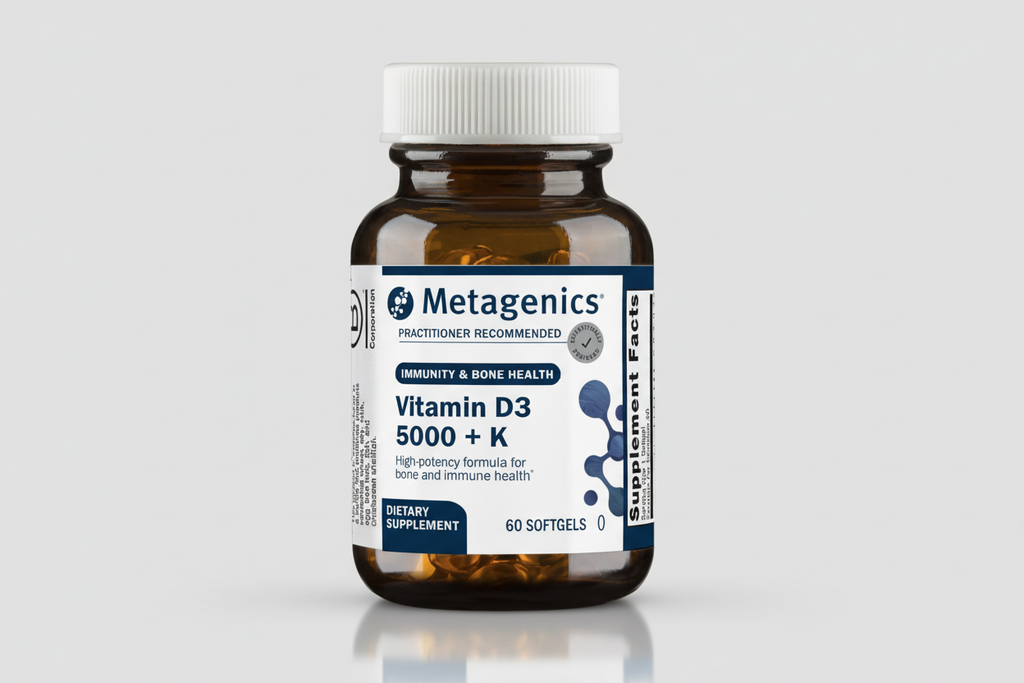 Metagenics Vitamin D3 5000 + K dietary supplement bottle on a white background