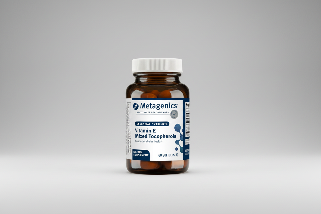 Metagenics Vitamin E Mixed Tocopherols supplement bottle with label