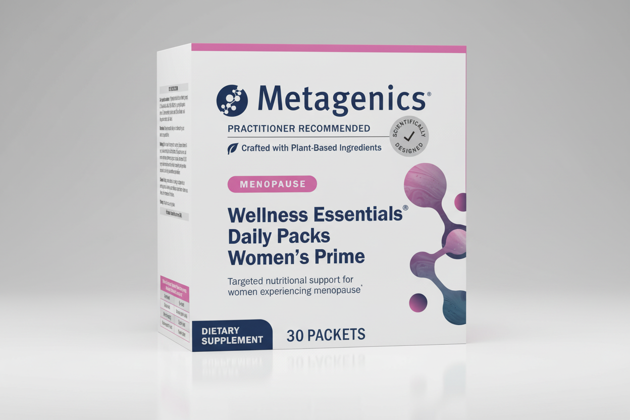 Metagenics Wellness Essentials Daily Packs Women's Prime dietary supplement packaging on a white background