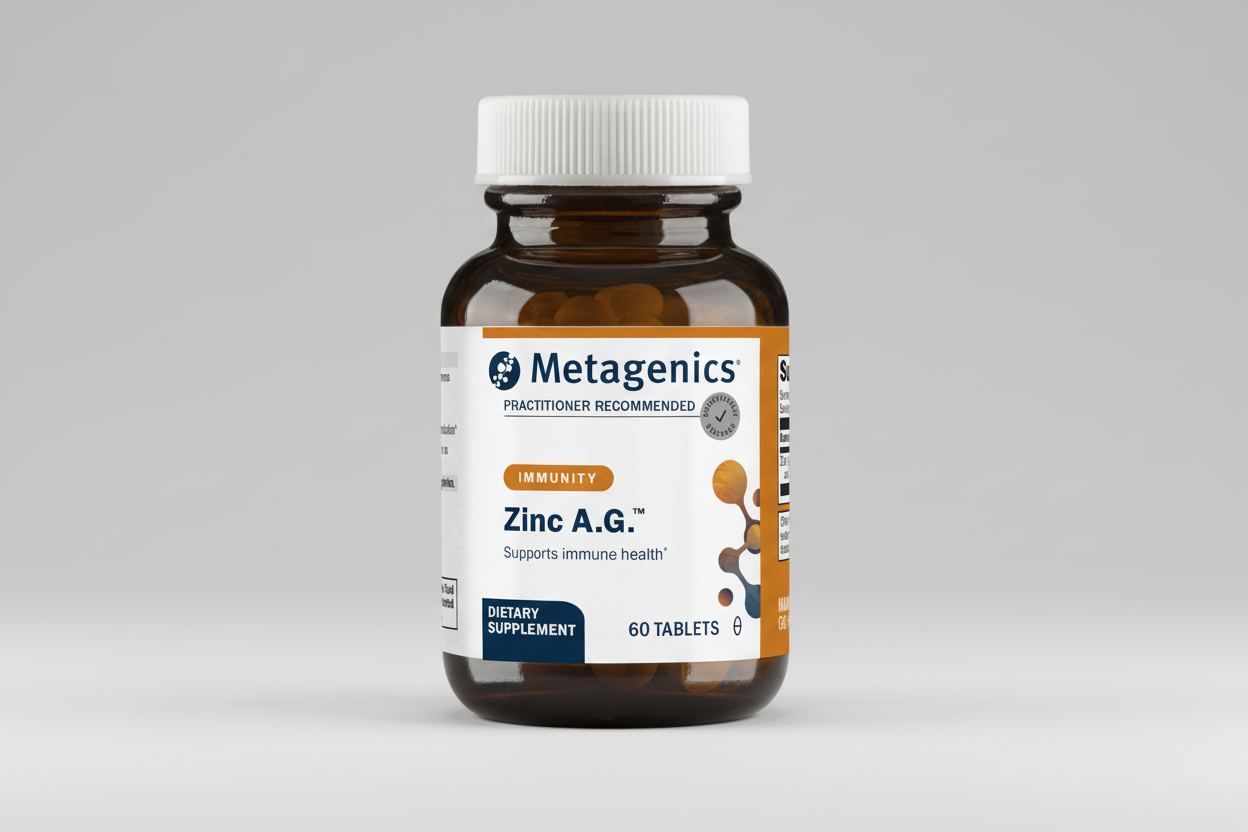 Metagenics Zinc A.G. dietary supplement bottle on a white background
