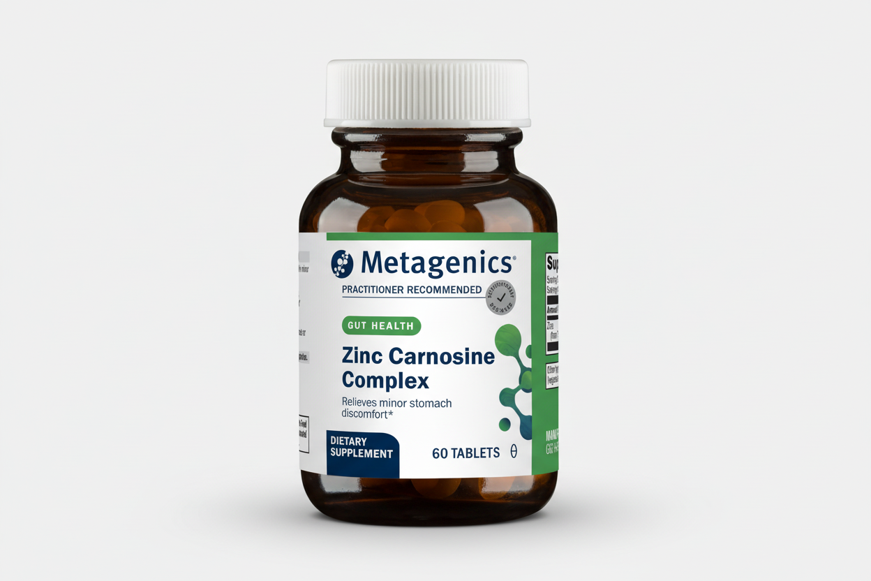 Metagenics Zinc Carnosine Complex dietary supplement bottle on a white background